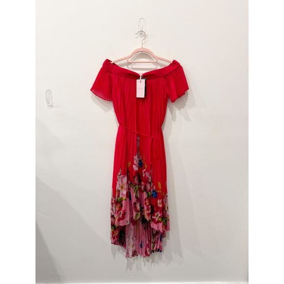 NWT Ted Baker Berry Sundae Bardot Floral Off-Shoulder Pleated Hi-low Dress Red 0 - Picture 3 of 8